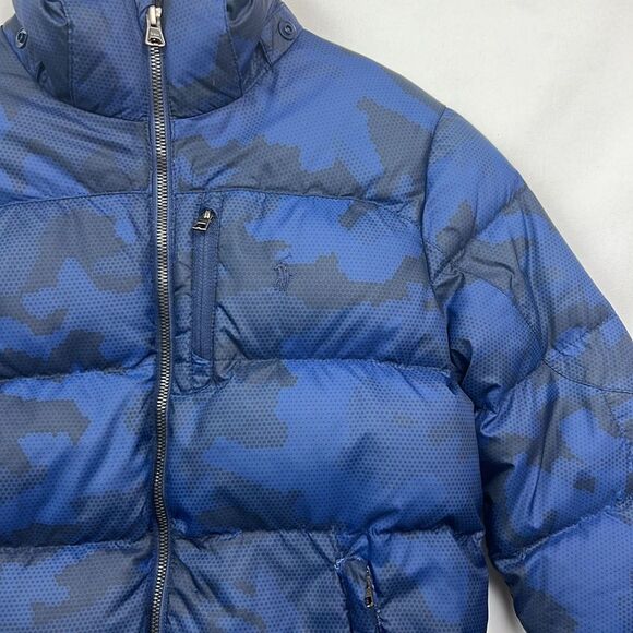 Polo Ralph Lauren Navy Camo Down jacket Repaired size 10-12 (M) - Picture 4 of 14